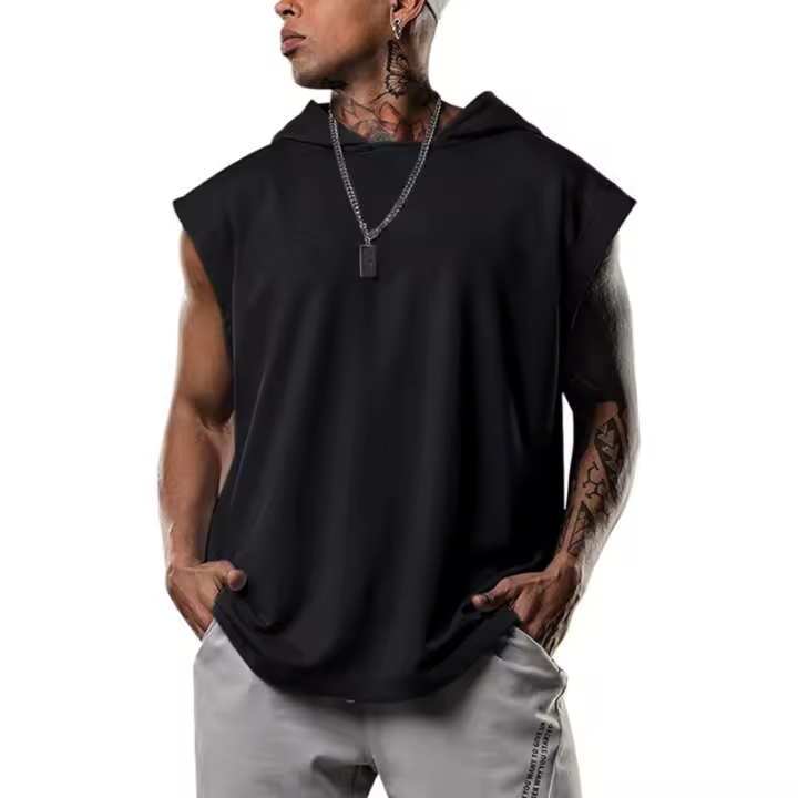 Chaleco con capucha sin mangas para hombre, Jersey deportivo informal holgado de Color sólido de verano - 1