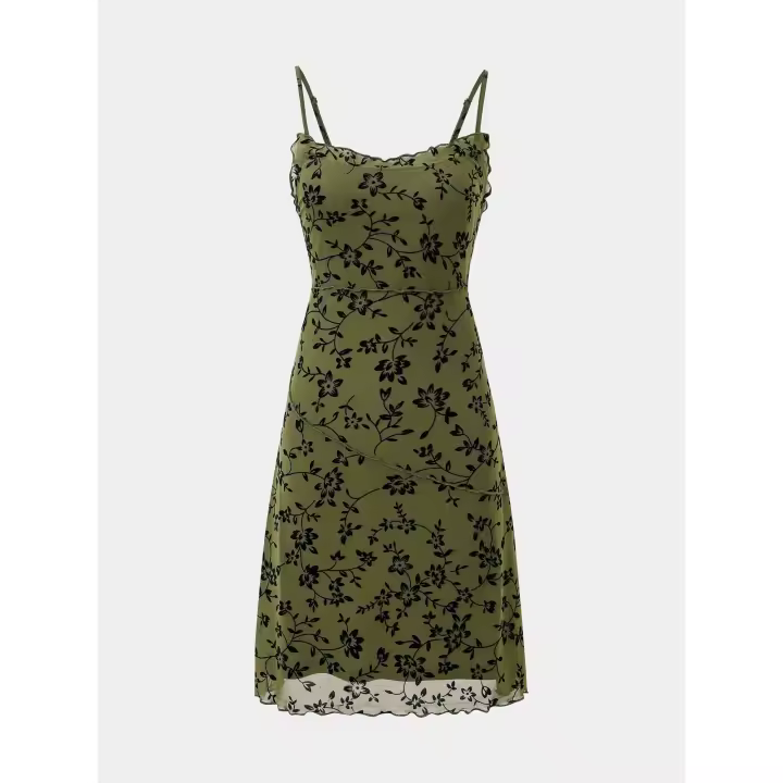 Vestido sin mangas con ribbers y tirantes flocados de flores Moda de verano cansada para mujer - 1