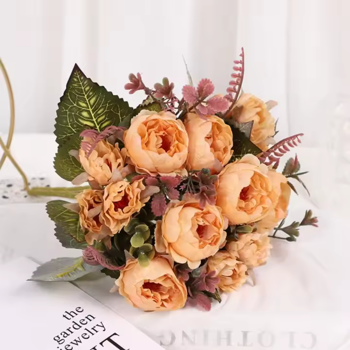 Rosa de simulación de peonía Retro, 9 cabezas, flor de seda falsa realista, Anti-UV, flor de arco de boda, decoración del hogar - 1