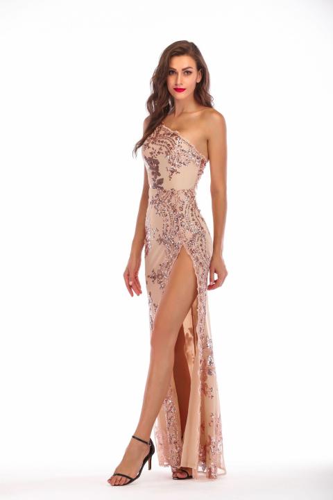 Moda Mujeres Elegantes Lentejuelas Hombros Descubiertos Manga Larga Novia Damas De Honor Vestido