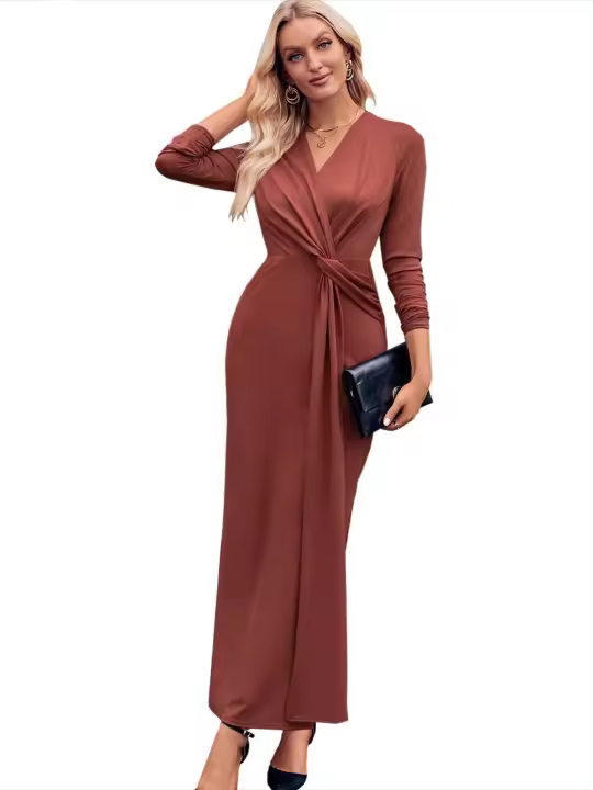 Vestido con cuello en V para mujer, prenda elegante de manga larga, color liso, a la moda, 2025 - 1