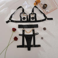 Conjunto de cuatro piezas de sujetador de encaje hueco elástico con cadena de Metal artesanal Sexy a la moda para mujer - details 1