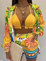 Conjunto de Bikini de cintura alta para mujer, Bañador con estampado amarillo, traje de baño con cordones Sexy de 3 piezas, ropa de playa, traje de baño 2023 - details 1