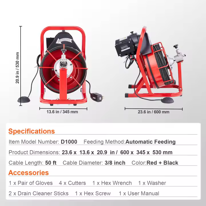 SucceBuy Máquina limpiadora de drenaje, barrena de serpiente de alcantarillado de alimentación automática, interruptor de pie activado por aparato de limpieza de drenaje eléctrico para tuberías - 1