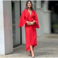 Elegante Vestido Medio de Pliegue Sólido Cuello en V, Mangas Acolchadas, Largo para el Verano 2024 - details 7