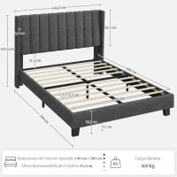 Cama tapizada con cabecera a rayas con alas de láminas de madera y metal, cama matrimonial color beige. - details 44