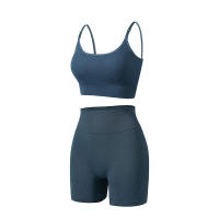 y pantalones cortos de cintura alta Conjunto de sujetador deportivo de color sólido para mujer para correr, entrenar, fitness - details 4