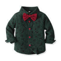 Ropa para niños Conjunto de camisa de manga larga para niños Corbata de moño Cárdigan estampado Traje de Navidad Vestido con tirantes - details 4