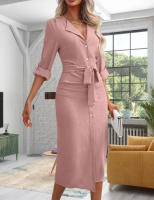 Vestido de viaje para mujer, solapa de Color sólido, cintura con cordones, temperamento - details 1