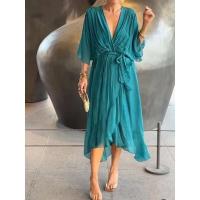 Vestido de verano para mujer, cuello en V, manga corta, plisado, Irregular, rojo, elegante, falda Midi negra para fiesta para mujer - details 12
