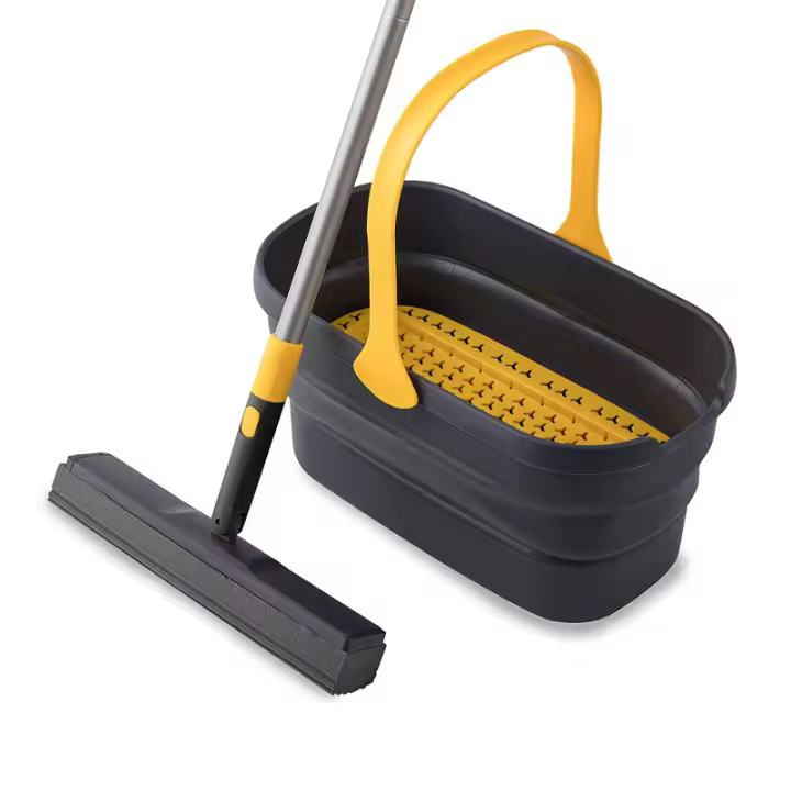 Mopa y cubo con martillo de esponja BOOMJOY para limpieza de pisos de azulejos en hogar y oficina Kit de mopa plegable y cubo para baño garaje - 1