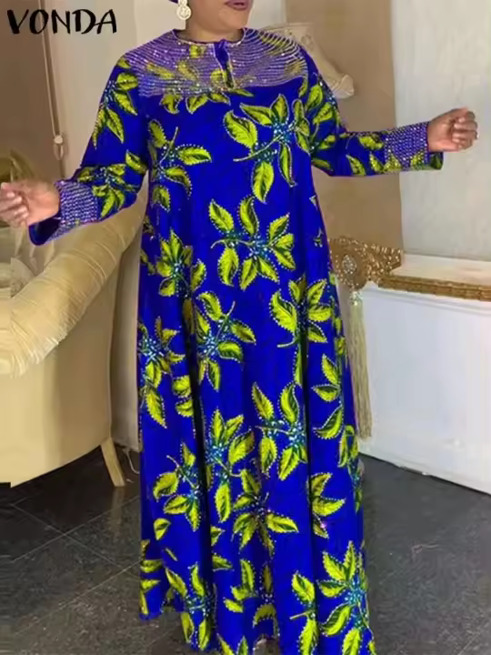 Vestido de talla grande 5XL con estampado bohemio para mujer VONDA 2024, vestido veraniego Vintage de manga larga, vestido informal holgado con cuello redondo hasta el tobillo - 1