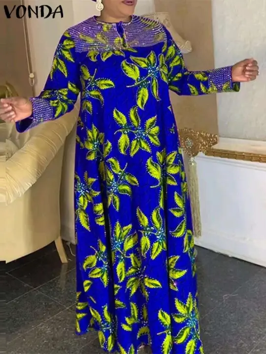 Vestido de talla grande 5XL con estampado bohemio para mujer VONDA 2024, vestido veraniego Vintage de manga larga, vestido informal holgado con cuello redondo hasta el tobillo - 1
