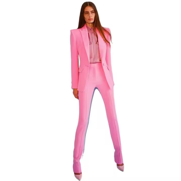 Conjunto de Traje Blazer de Dos Piezas Rosa Talla Grande, Top de Botón, Pantalón Lápiz para Oficina - 1