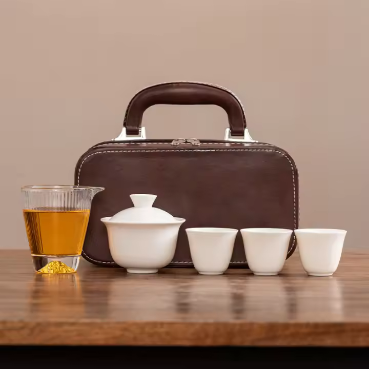 Regalos de empresa de publicidad al aire libre de alta gama, juego de tazas de té con tapa de viaje de Kung Fu de porcelana de jade de grasa de cordero, recto - 1