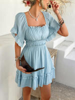 2025 primavera y verano estilo de vacaciones de ocio europeo y americano color sólido borde de hongo vestido de manga corta falda corta para mujer - details 18
