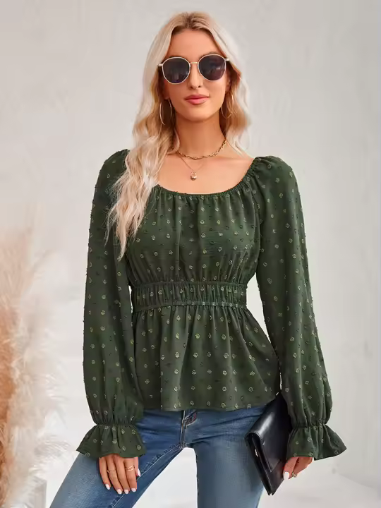Top informal con volantes y cuello redondo y cintura para mujer, color liso, Otoño/Invierno, 2023 - 1