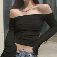 Mujer sexy fuera del hombro malla delgada manga trompeta manga larga crop top camiseta mujer - details 3