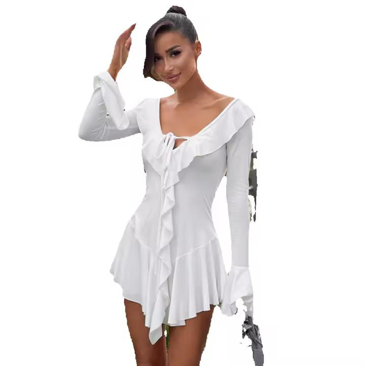 Vestido con cuello puntiagudo volantes y cordón manga trompeta - 1