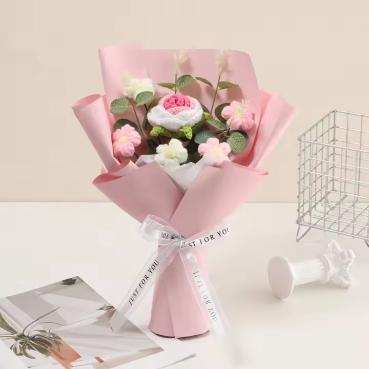 Rosa nueva flor ramo de flores de ganchillo regalos de graduación ramos hechos a mano flores artificiales flores tejidas flor preservada - 1
