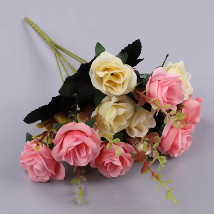 Rosa de eucalipto Artificial Multicolor de seda, 12 cabezas, flores rosas realistas, ramos de novia, accesorios para fotos, hojas de plantas de simulación - 1