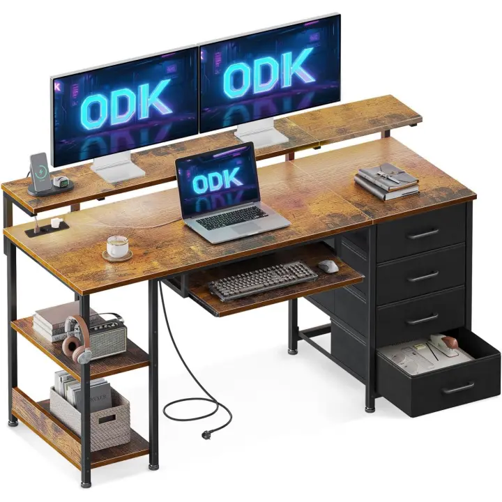 4 Cajones, Escritorio de Ordenador con Toma de Corriente y Carga USB, Escritorio Gaming Mesa de Escritorio con Estantes Ajustables para el Hogar (Blanco, 140x52x92cm) - 1
