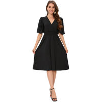 2025 primavera y verano europeos y americanos nueva ropa de mujer vestido negro vestido de viajero con cuello en V traje de moda - details 5