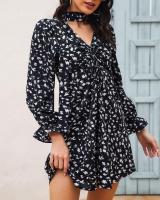 Vestido corto de gasa con cuello en V para mujer, Bonito traje elegante y de manga larga con estampado Floral, novedad - details 6