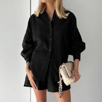 Conjunto casual de camisa y pantalones cortos de manga abullonada jacquard para mujer, diseño de viajero, primavera verano - details 4