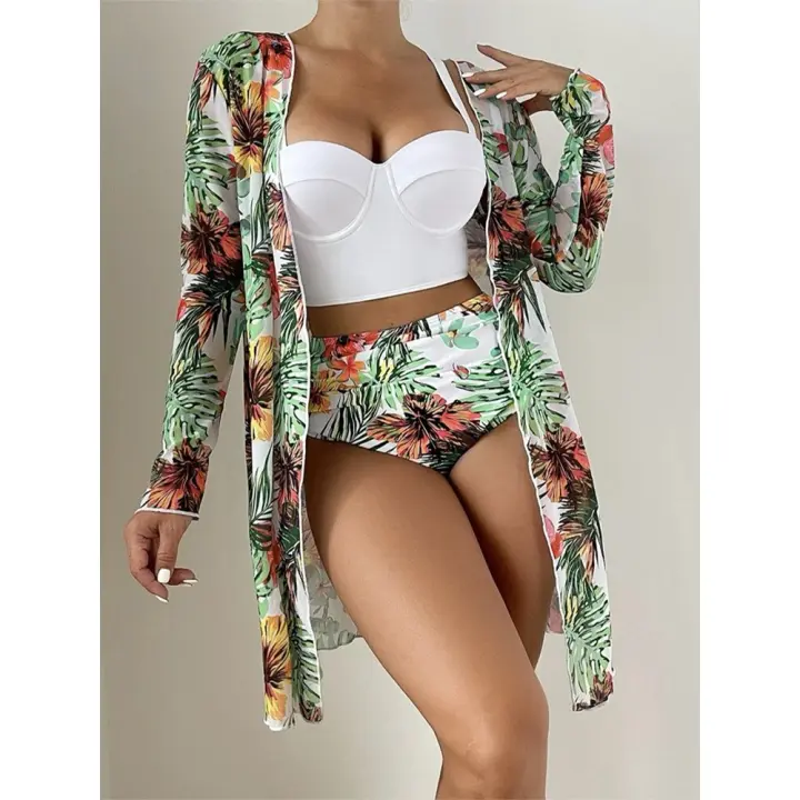 Conjunto de bikini para mujer, bata, traje de baño de tres piezas Tre, traje de playa de verano - 1