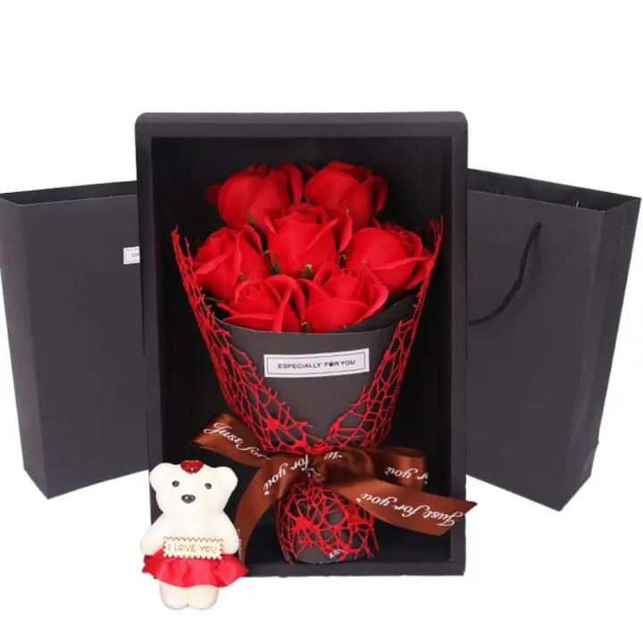 Caja de embalaje de ramo de jabón de 7 rosas con muñeco de oso, flores artificiales, paquete de rosas simuladas, Lazo de cinta, ramo de rosas, caja de regalo - 1