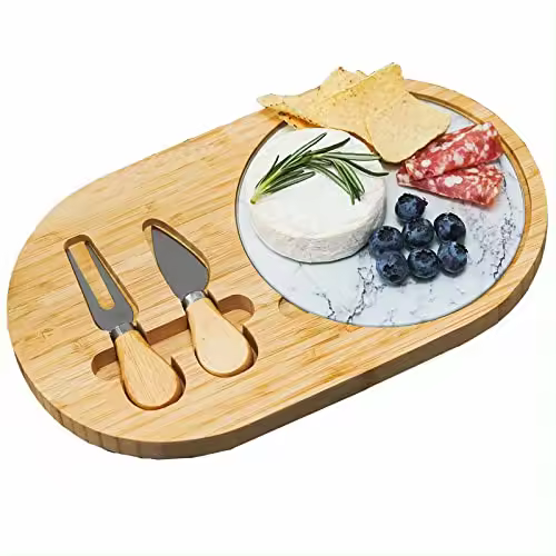 Tabla de queso de bambú con vidrio templado, tabla para cortar queso con juego de 2 cuchillos para queso - 1