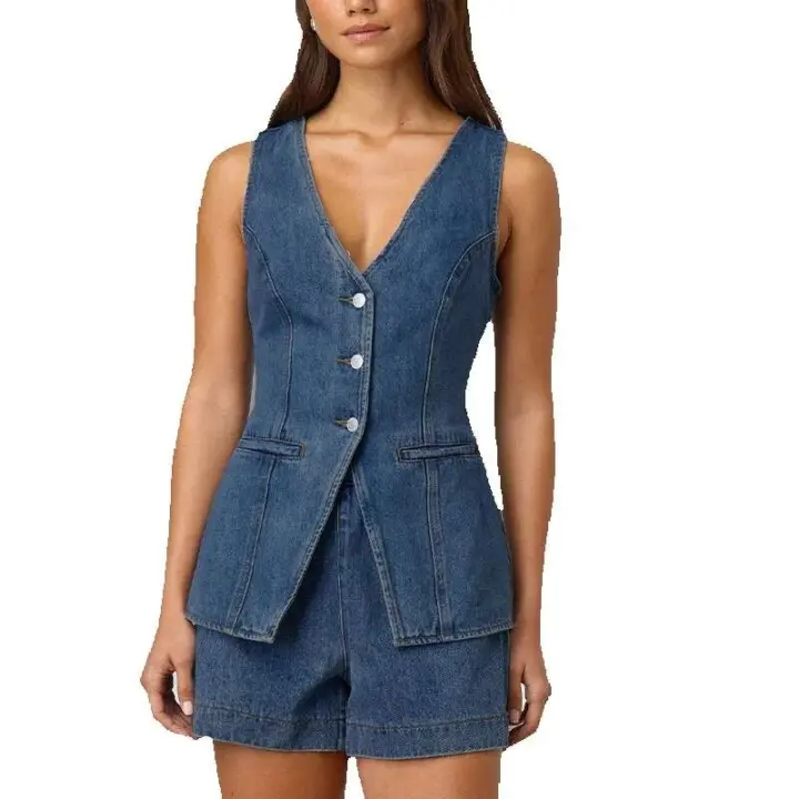 2025 nueva moda y ocio conjunto de ropa de mujer de cintura alta sin mangas, pantalones cortos de mezclilla para mujer - 1