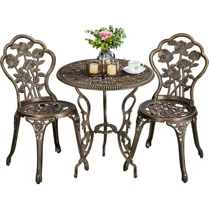 Conjunto de Mesa y Sillas Exterior Vintage Juegos de Muebles de Jardín de Aluminio Una Mesa con Dos Sillas para Balcón Bronce - 1