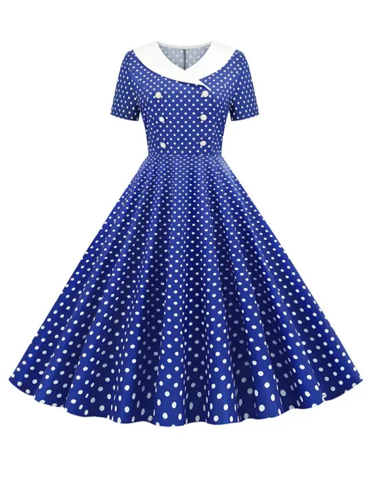 Vestido de fiesta midi vintage elegante con cuello peter pan de verano con estampado de lunares para mujer - 1
