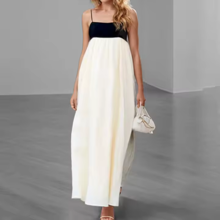 Nuevo vestido largo de verano elegante, informal, con bloques de color y tirantes para vacaciones - 1