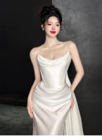 Vestido de novia ligero de satén, estilo francés, sensación sencilla y lujosa, acogedor y para salir con un vestido blanco sin tirantes - details 8