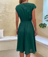 Vestido plisado elegante para mujer, manga corta con cinturilla, verde negruzco S, Verano - details 10