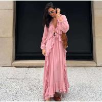 Vestido largo Irregular de gasa con volantes y escote en V profundo para mujer, Vestido holgado liso con mangas abullonadas elegantes, Vestido de calle alta para mujer 2025 - details 3