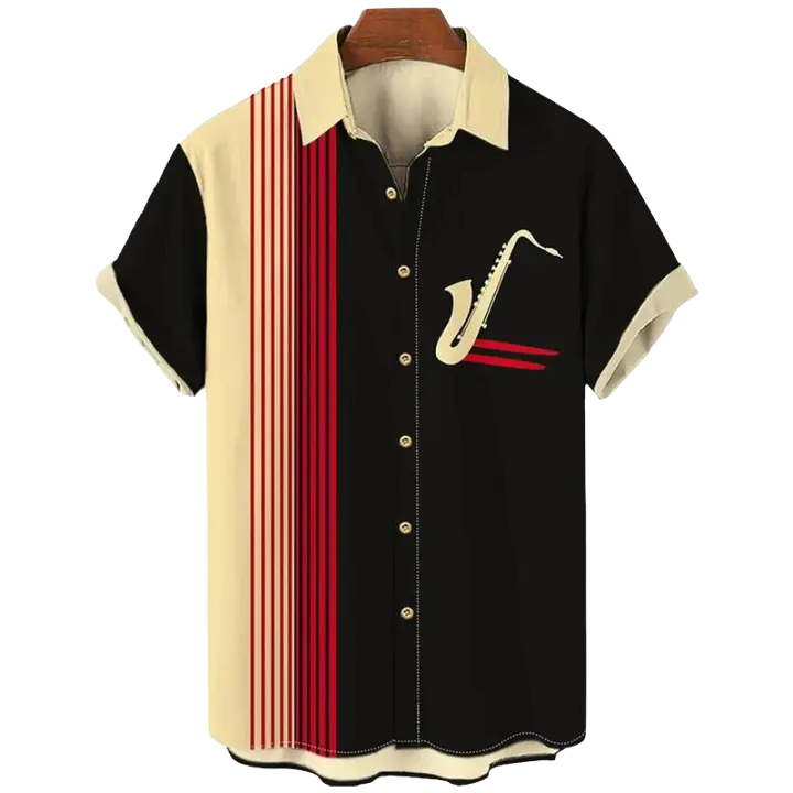 Camisa de Verano Hawaiiana para Hombres Estampado 3D de Saxofón, Suelto, Manga Corta, Clásico, Para la Playa, Aloha - 1