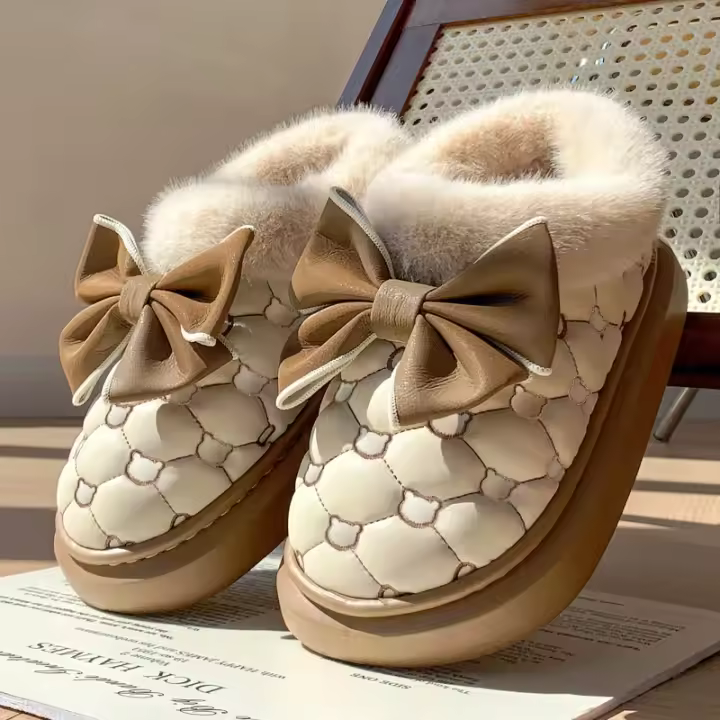 Tiendas Botines de plataforma para mujer, botines de nieve de invierno con lazo de diseñador, zapatillas mullidas para interiores, zapatos planos de casa para mujer, calzado cálido a la moda - 1