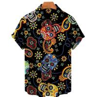 Camiseta Casual de Hip-Hop para Hombres Manga Corta, Estampado de Calavera, Talla Grande, Ropa Casual Hawaiiana, Botones de Escote, Moda Callejera Vintage - details 4