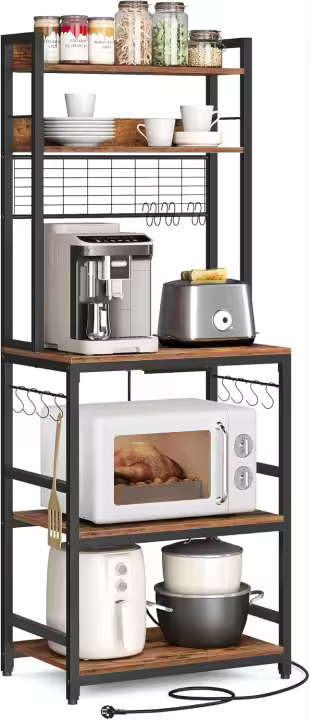 Estantería para Panadería con Toma de Corriente, Soporte de Microondas, Estantería de Cocina, Alambre de Metal, 14 Ganchos, 40 x 80 x 170 cm, Marrón Rústico y Negro - 1