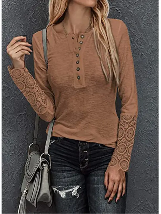 Camisa de manga larga para mujer con botones de cuello redondo, Top de costura Ence, camisa informal usada, moda de Color sólido, otoño e invierno - 1
