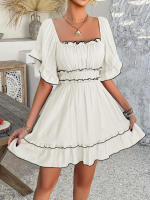 2025 primavera y verano estilo de vacaciones de ocio europeo y americano color sólido borde de hongo vestido de manga corta falda corta para mujer - details 20