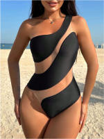 Nuevo bikini de traje de baño de una pieza de un solo hombro con empalme de malla ajustada sexy de Dongshengda - details 8