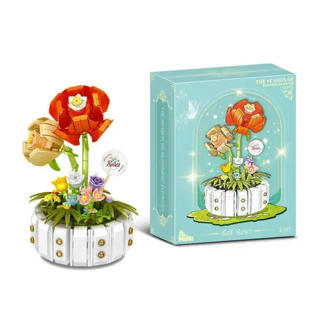 Bloques de construcción en maceta de rosas para niños, flor eterna, planta, ramo, montaje de ladrillos, adorno creativo, juguetes para niños, regalos de Navidad, 536 piezas - 1