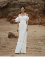 Vestido ligero con tirantes y mangas de hoja de loto blanco, minimalista, estilo francés, cola de pez de satén elástico de alta gama para boda nupcial - details 5