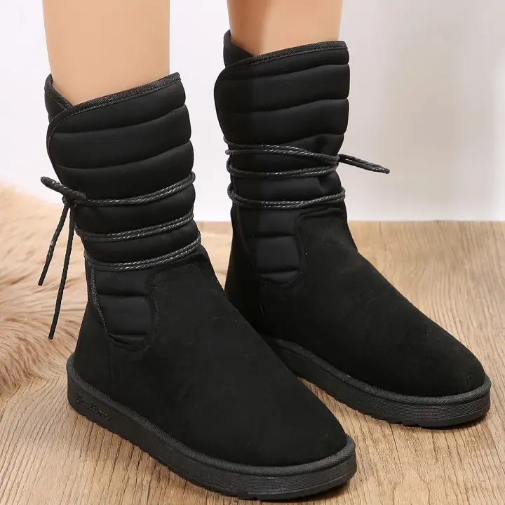 Botas de nieve a media pantorrilla para mujer, zapatos de plataforma, mantienen el calor, con cordones, cómodas, impermeables, calidad, invierno - 1