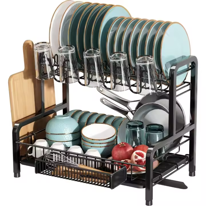 44,8f. x 32an. x 36,3al. Escurreplatos Acero Inoxidable con Drenaje Automático, Escurridor de Platos Grande de 2 Niveles con Portavasos y Porta Utensilios, Escurridor para Fregadero (Negro) - 1